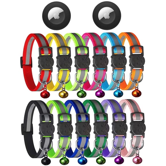 14 Pack Airtag Cat Collar Reflective-breakaway With Holder And Bells Adjustable 7.5''-12.5'' Safety Kitten Ideal For Girl Boy Cats Pet Supplies Stuff(12 Colors 2 Holders).