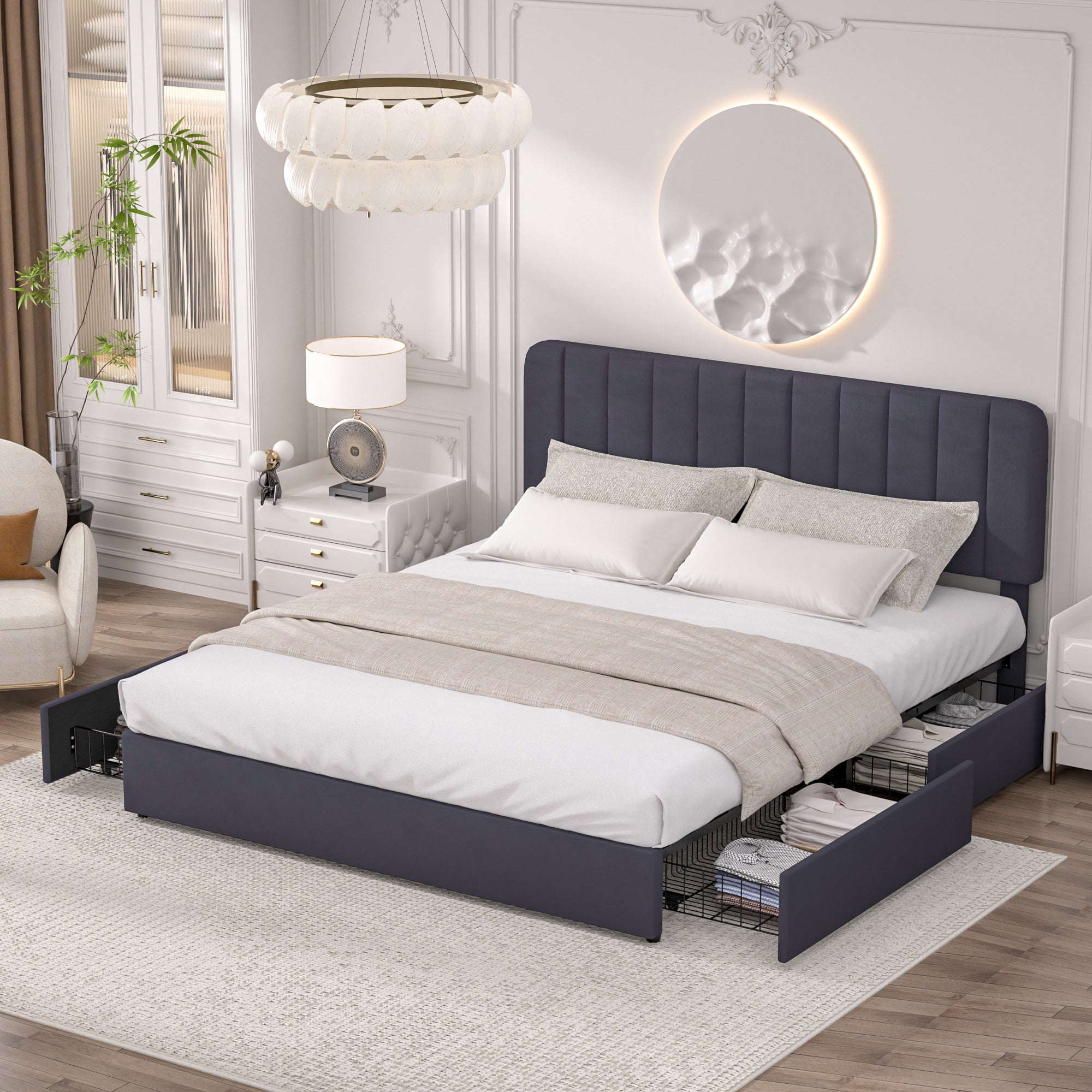 VECELO Upholstered Platform Bed Frame with 4 Storage Drawers, King Size Bed Frame with Adjustable Headboard, No Box Spring Needed, Black