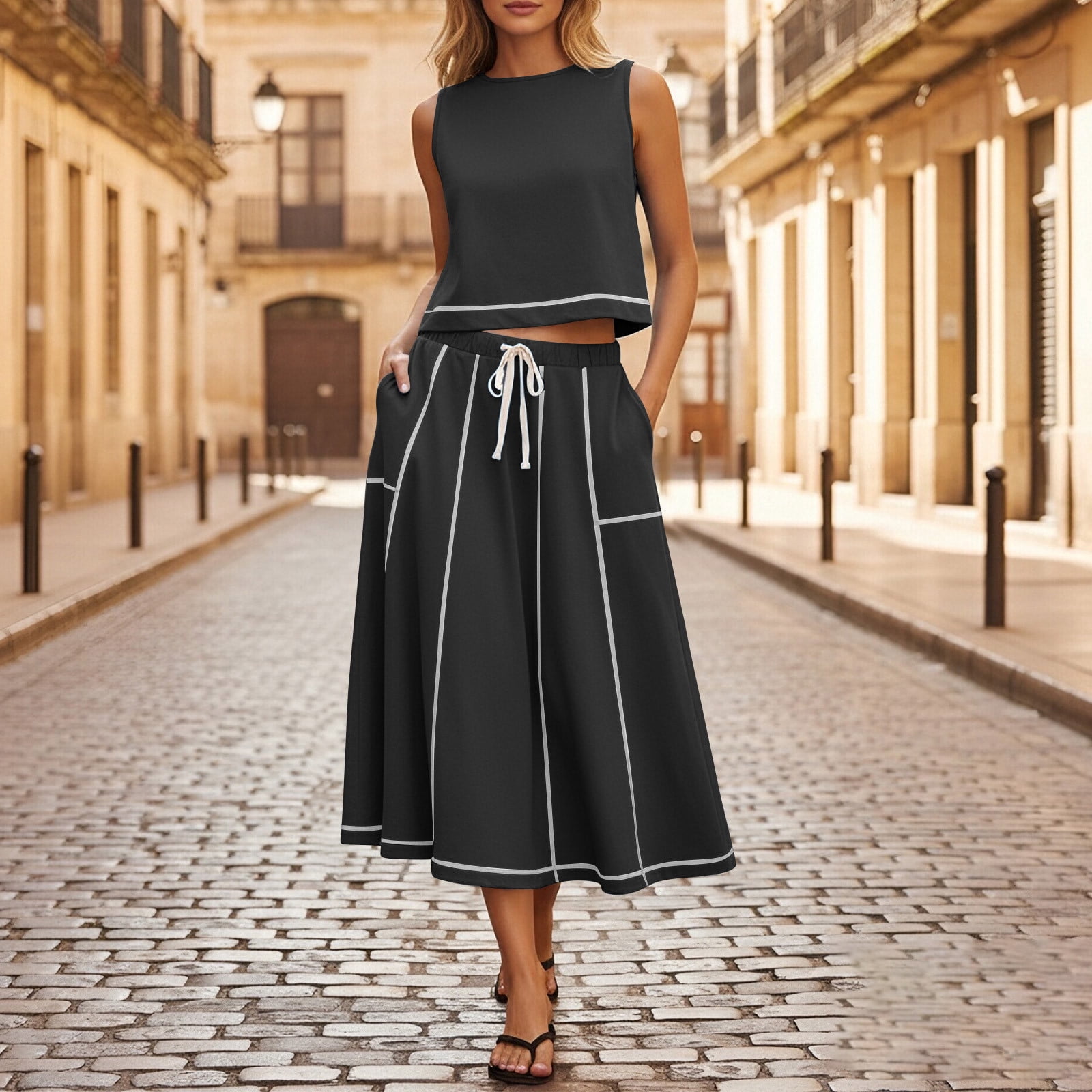 Sentmoon Women Sets Womens Boho Dresses Business Casual Sleeveless Formal Dresses for Women Summer Solid Color Regular Fit Plus Size Athletic Dress Comfy for Everyday Casual Wear L