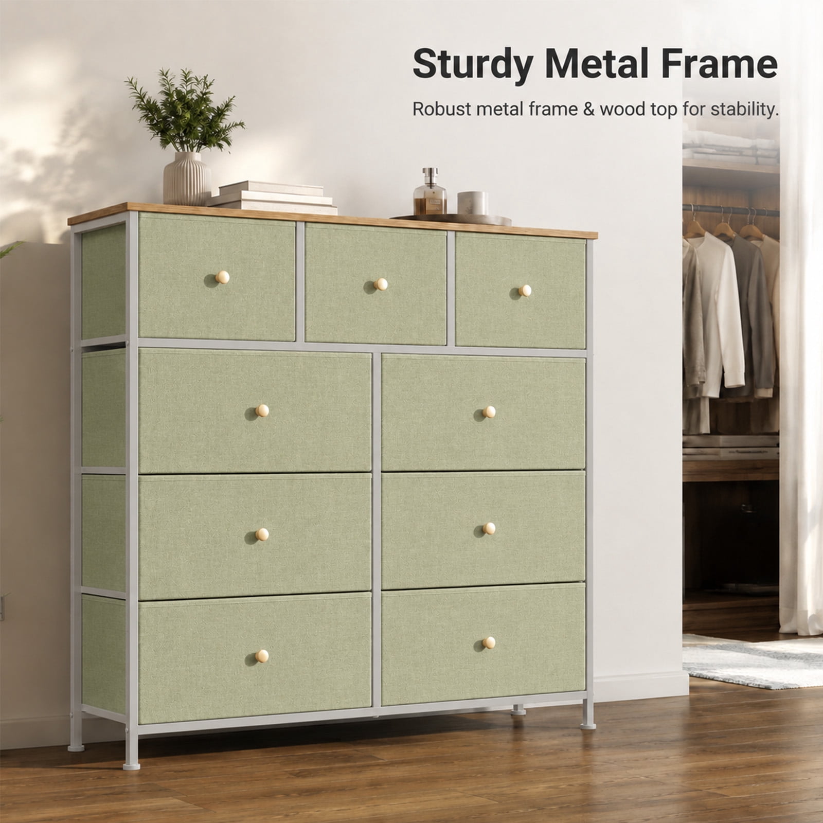 Alvantor 8/9 Drawer Fabric Dresser, Storage Tower for Bedroom and Closet, Chest of Drawers with Sturdy Steel Frame & Wooden Top for Living Room, Entryway