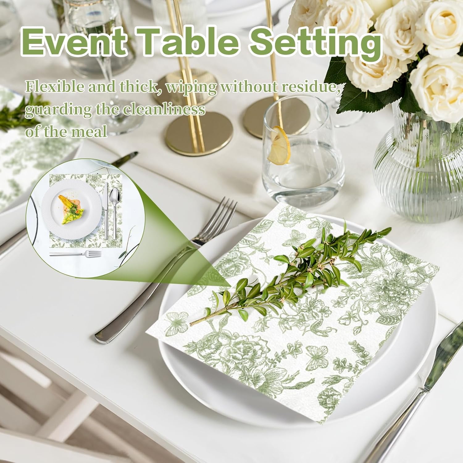 100Pcs Sage Green Floral Napkins Beverage Cocktail Napkin Disposable Green Paper Dinner Napkin Fancy Decorative Hydrangea Flower Guest Hand Towel for Wedding Bridal Baby Shower Birthday Party