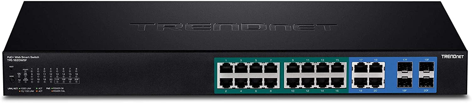 TRENDnet TPE-1620WSF,20-port Gigabit Web Smart POE+ Switch w/ 2 Shared SFP Slots