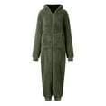 thumbnail image 5 of BiZtdJrK Womens Zipper Fuzzy Pajama Jumpsuit with Drawstring Hood Winter Warm Fleece One Piece Sleep Pants Casual Loose Pocket Loungewear, Army Green, XXL, 5 of 7
