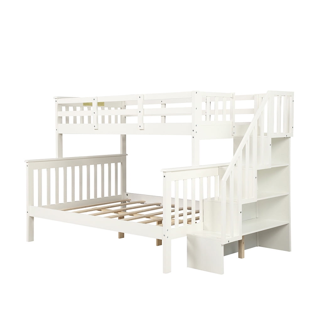 Stairway Twin-Over-Full Bunk Beds with Storage and Guard Rails for Bedroom, White