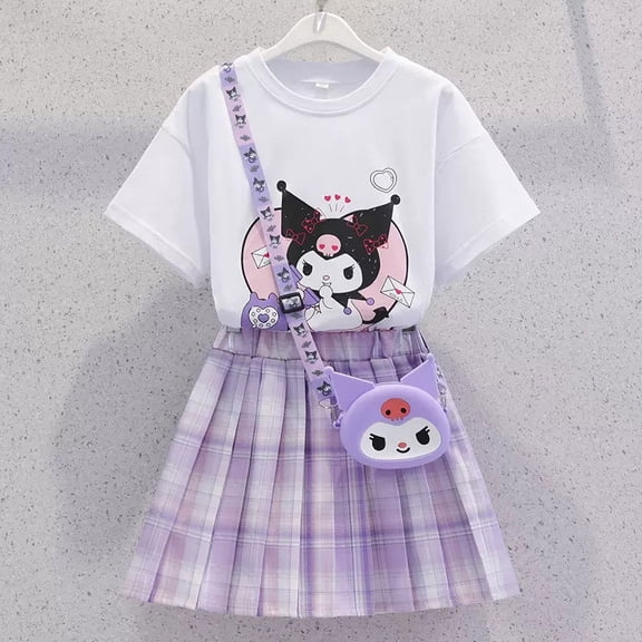 Kuromi Skirt Suit Summer Short-Sleeved Cartoon T-shirt Tops Plaid Pleated Skirt 2-piece Set Preppy Dress Size 120-170cm