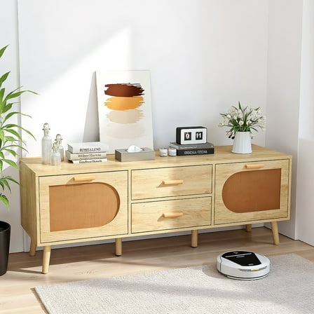 YYAo TV Media Console Table,TV Stand,Rattan TV Stand for 65-Inch TV with Drawers and Solid Wood Legs-Natural
