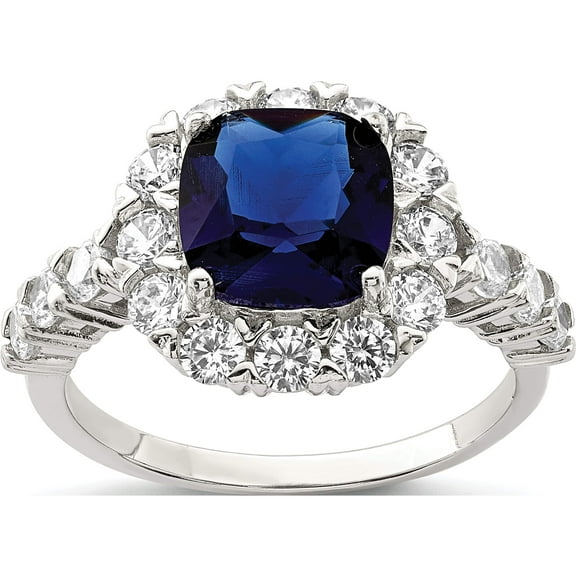 Sterling Silver Rhodium-Plated Polished Blue Glass And Cz Ring (Size 6) Made In China qr6003-6