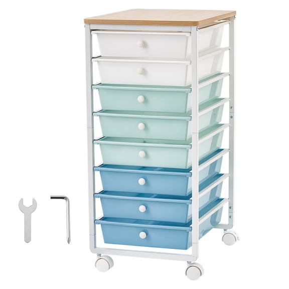 KFFKFF Rolling Cart with Drawers, 8-Drawer Storage Organizer, Mobile Utility Cart with Wooden Top, Steel Frame, Swivel Casters & 2 Brakes, Ideal for Office, Classroom, Craft Supplies, Green Blue
