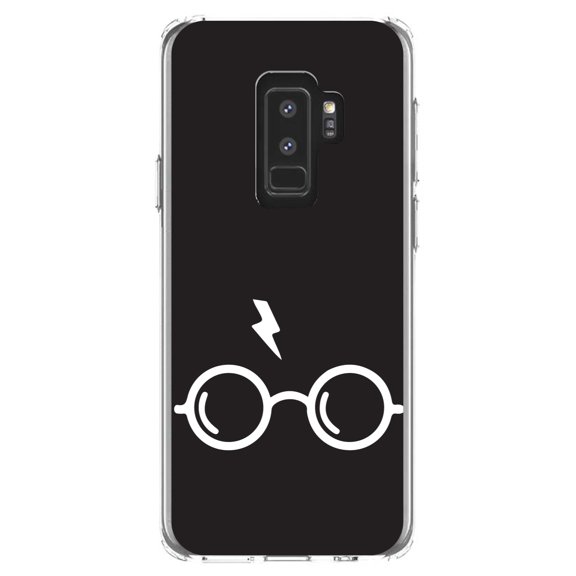 DistinctInk Clear Shockproof Hybrid Case for Samsung Galaxy S9  PLUS (6.2" Screen) - TPU Bumper, Acrylic Back, Tempered Glass Screen Protector - Potter-inspired Glasses