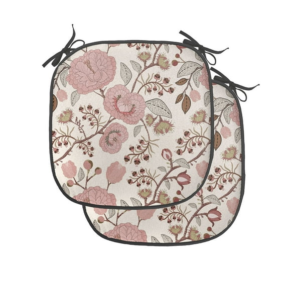 Floral Chair Seating Cushion Set of 4, Detailed Blooming Flowers on Branches Buds Vintage, Seat Pads for Office with Anti-slip Backing, 16"x16", Eggshell Salmon, by Ambesonne
