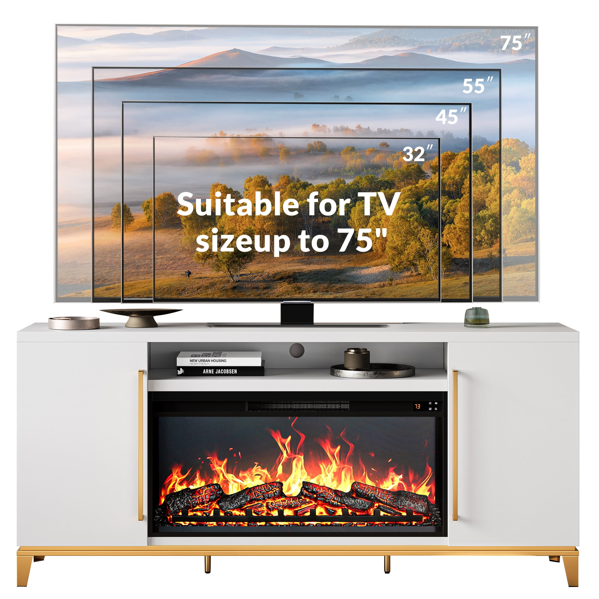 BELLEZE Fireplace TV Stand with 36" Electric Fireplace, Entertainment Center for TVs Up to 75", TV Console with Storage Cabinet and Open Shelf for Living Room, Bedroom - London (White)