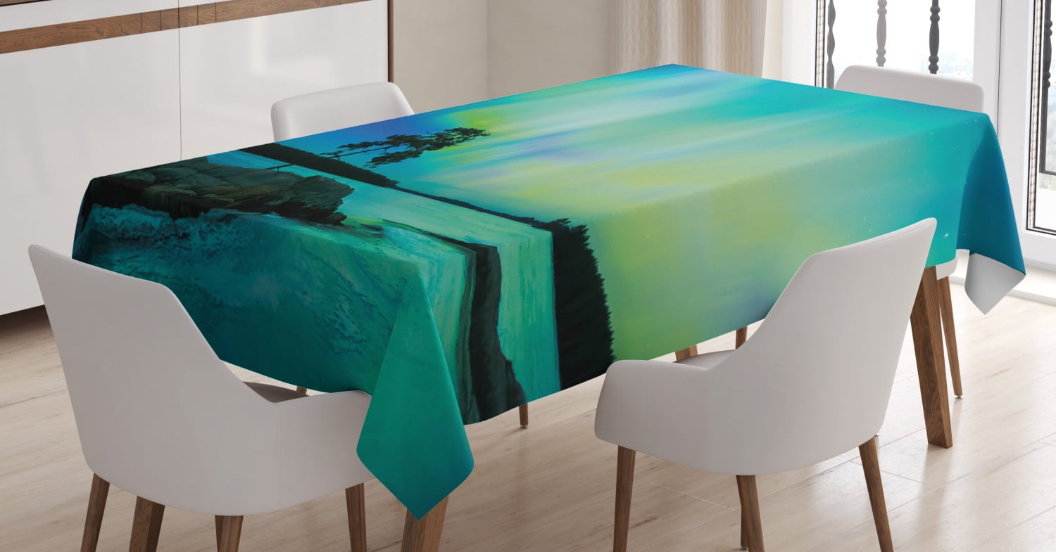 Northern Lights Tablecloth, Single Tree over Rocky Stone by River ...