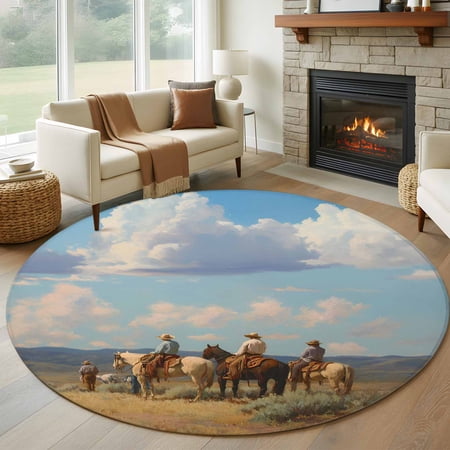 Western Cowboy Horse 8FT Round Area Rugs for Living Room Grasslands Sky Nature Scenery Ultra-Thin Non-Slip Round Rugs Machine Washable Low Pile Circle Carpet for Bedroom Kitchen Nursery