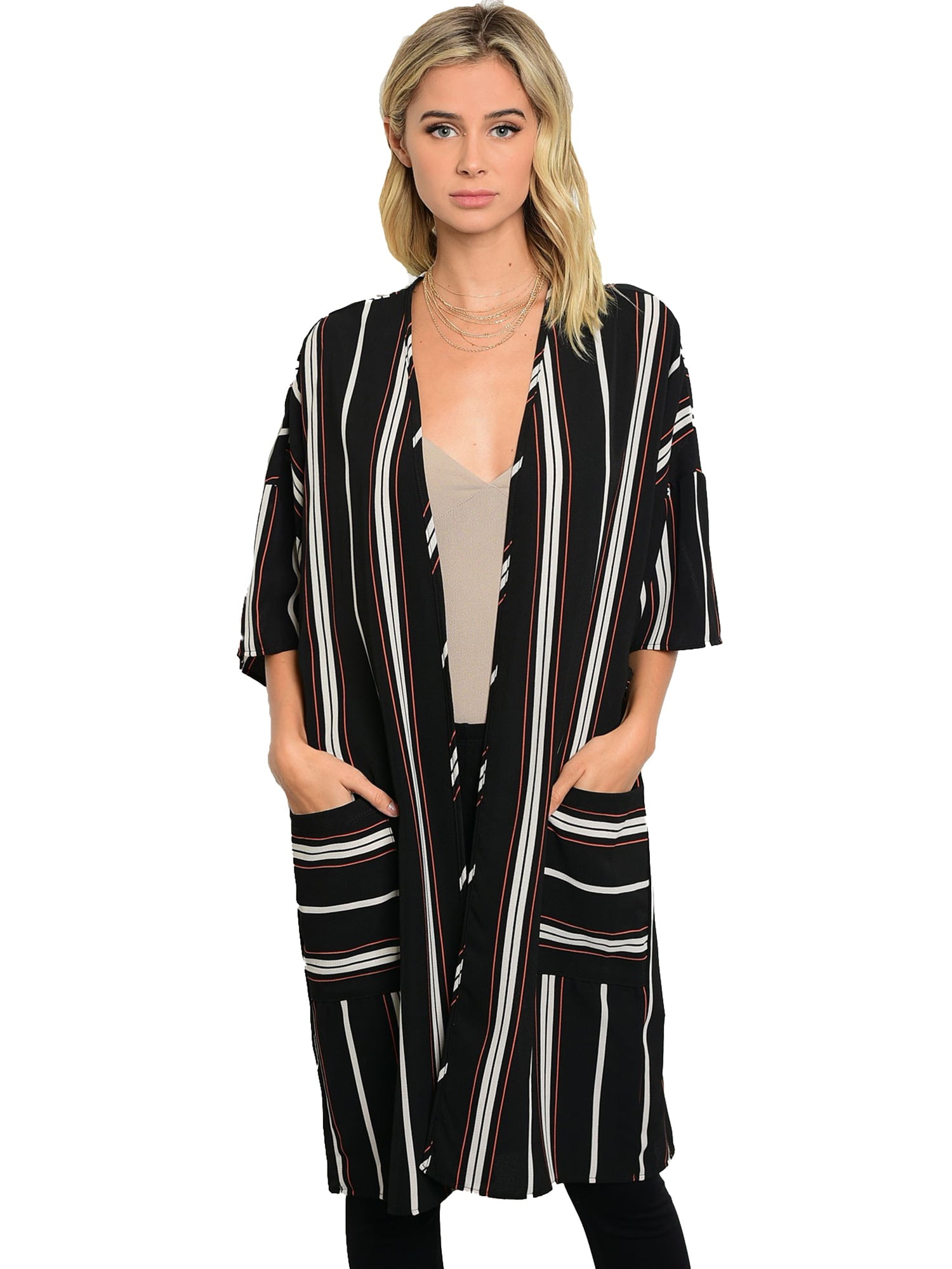 JED Fashion Womens 3/4 Sleeve Striped Cardigan Maxi Coat Jacket Top ...