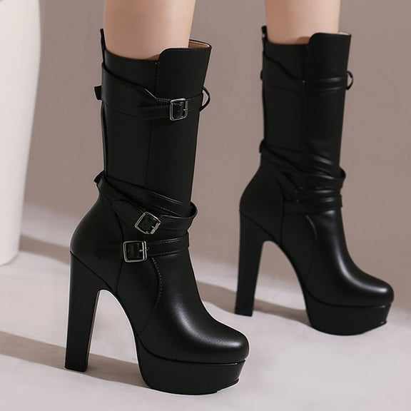 Bnwani Boots for Women Fall Winter Fashion Mid-Heel Thick High Ankle Versatile Casual Sweet Boot Black Size 5.5