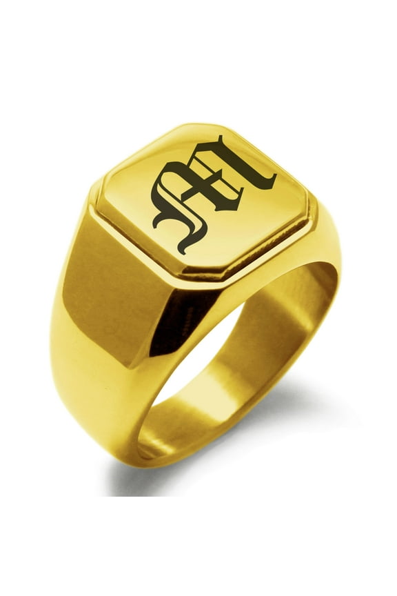 Stainless Steel Letter M Initial Old English Monogram Engraved Engraved Square Flat Top Biker Style Polished Signet Ring