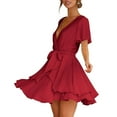thumbnail image 4 of USSUMA Dresses For Women Party Casual,Women's Summer Dress Deep V-Neck Short Sleeve Waist Tie Ruffle Mini Swing Skater Dresses, 4 of 8