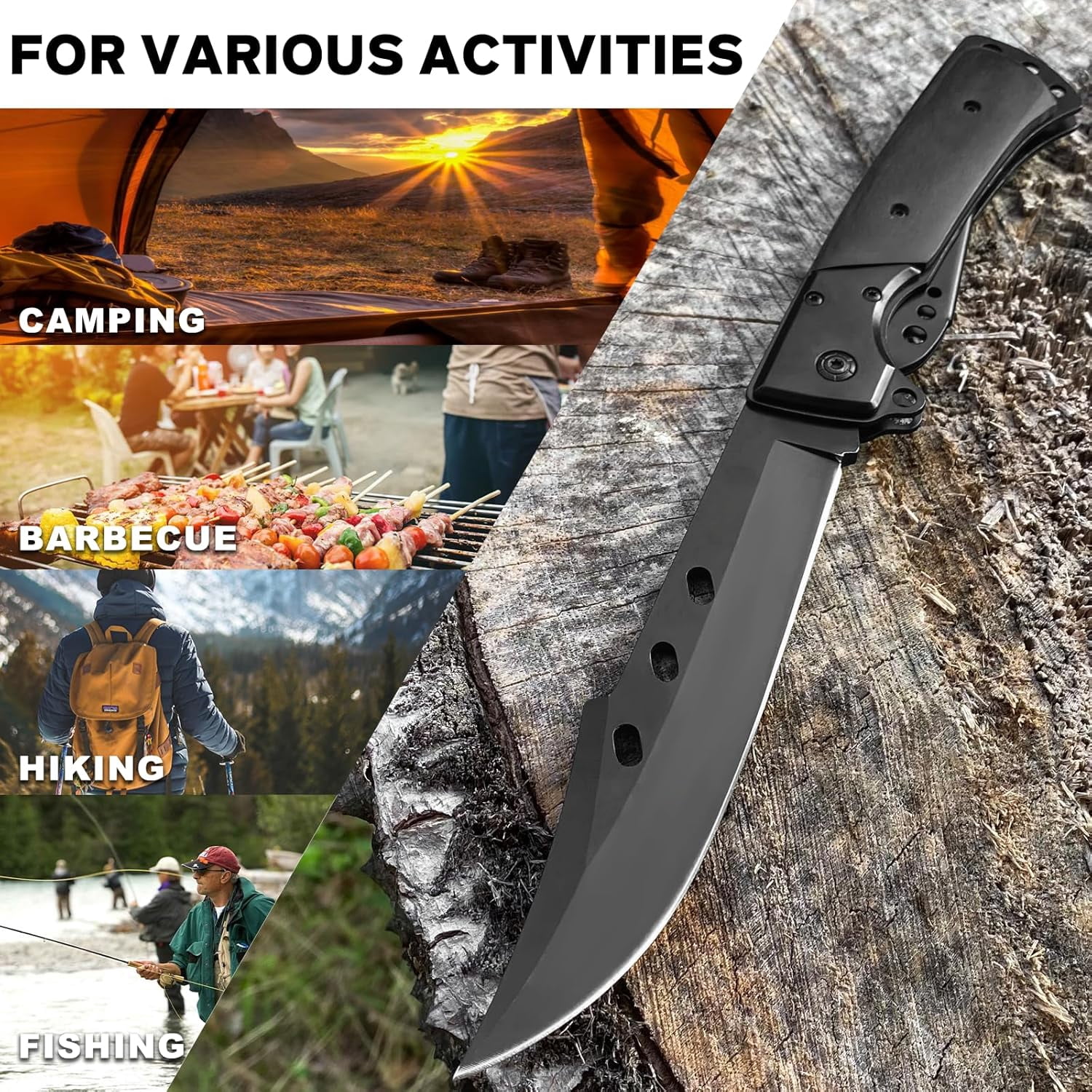 12.7" Lar Folding Knife Tactical Knives with Ebony Handle and Sheath - 7.2" Long Blade Big Pocket for Men EDC Survival Hunting Camping Hiking Tools ()