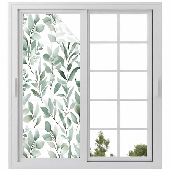 Eucalyptus Leaf Window Privacy Film Green Botanical Rustic Watercolor Leaf Decorative Glass Window Film UV Blocking Static Cling Non-Adhesive Sticker Covering for Home Door 23.6 x 59 inches