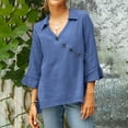 thumbnail image 2 of Womens Cotton Linen 3/4 Length Ruffle Sleeve V Neck Blouses Summer Trendy Dressy Casual Loose Fit Button Shirt Tops, 2 of 6