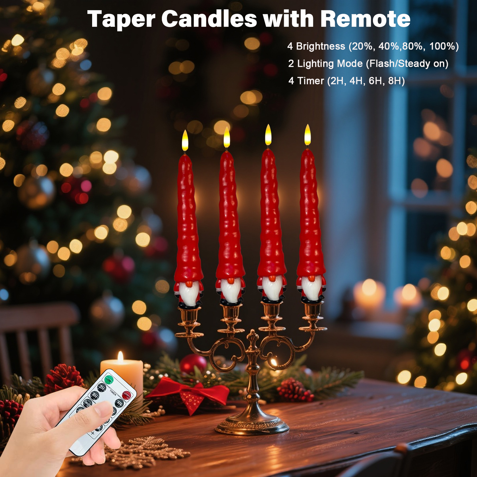 Christmas Flameless Candles, Flickering Santa Claus Taper Candles with Remote & Timer, Dimmable LED Candles Battery Operated, Real Wax Electric Candle Sticks for Tabletop Fireplace Christmas Decor