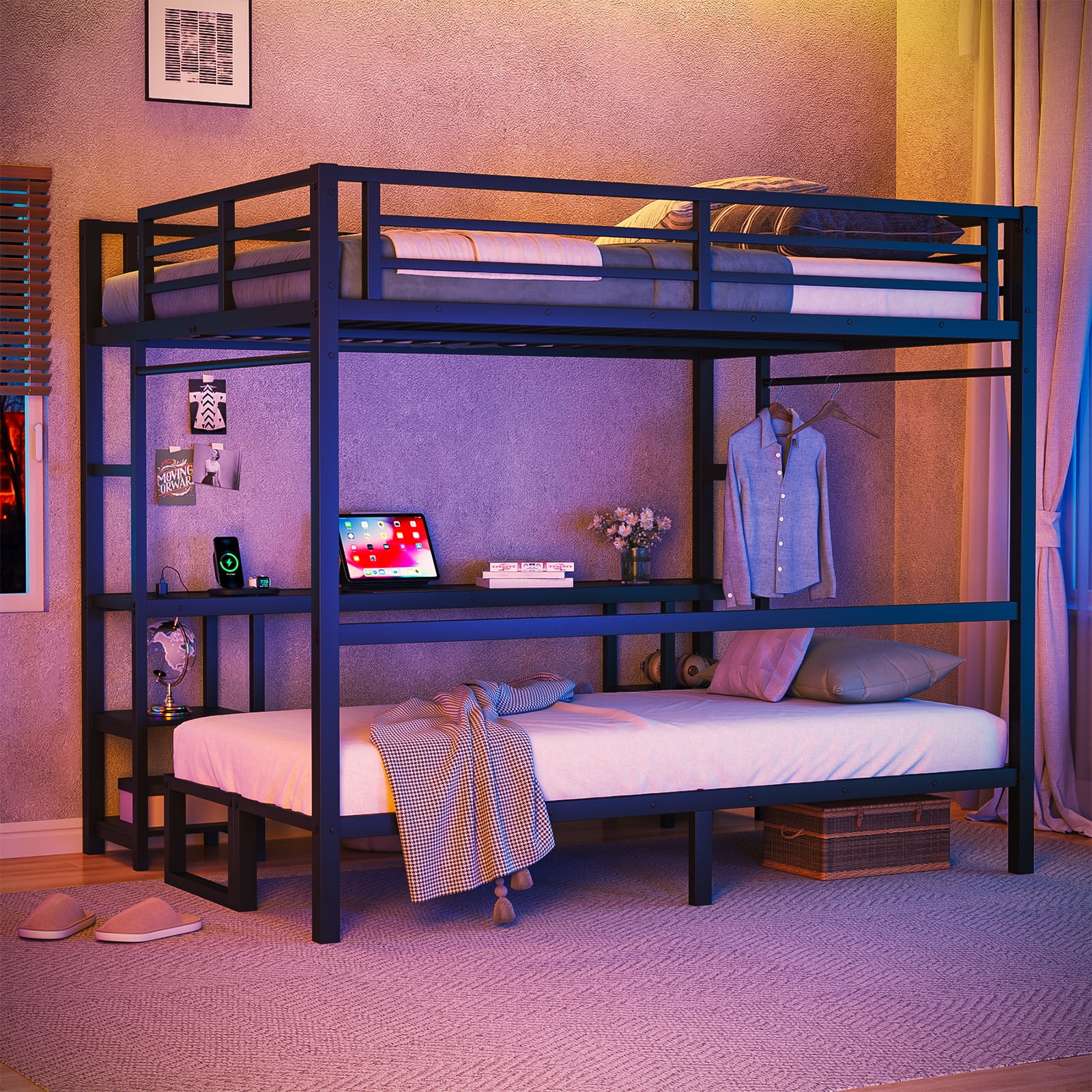 Mintazer Queen Over Twin XL Metal Bunk Bed with Desk and Shelves Built-in LED & USB Charging Ports, 2 in 1 Folding Sofa Bed for Kids Teens, Black