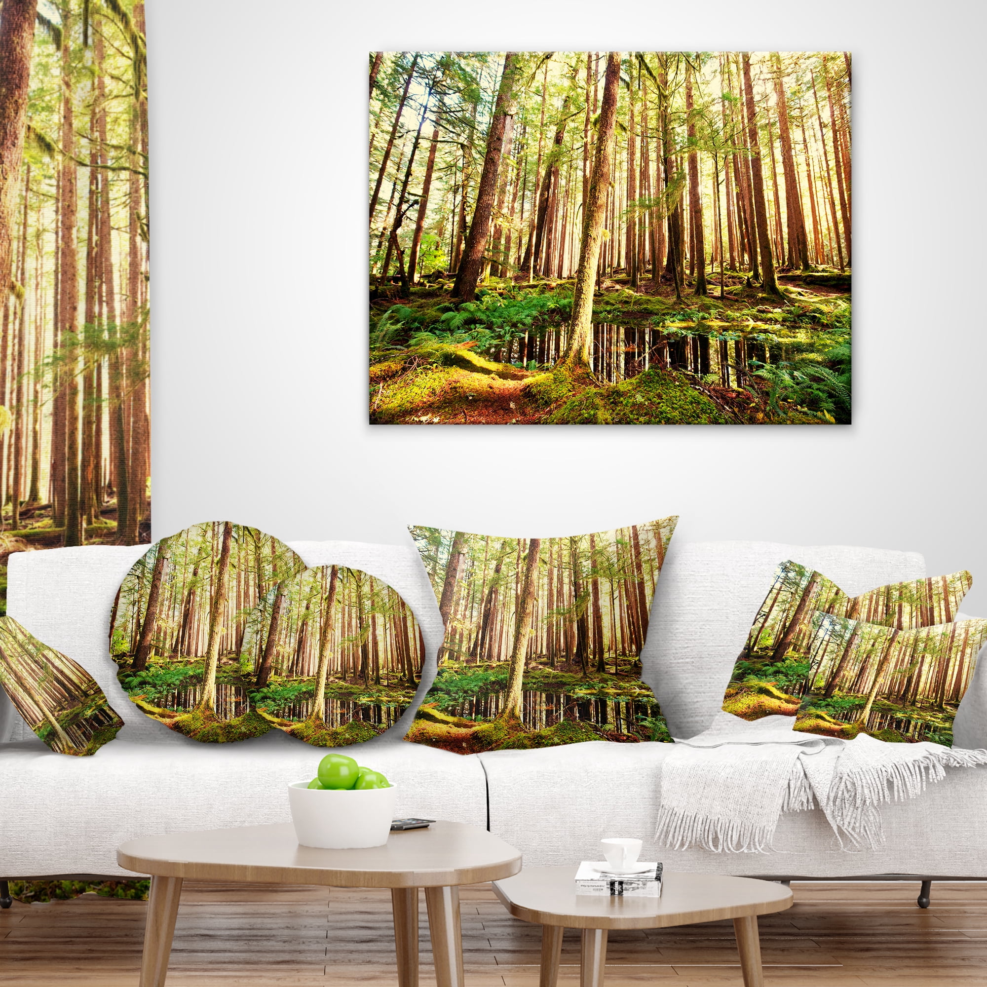 Designart Dense Trees in Green Rain Forest - Landscape Printed Throw Pillow - 16x16