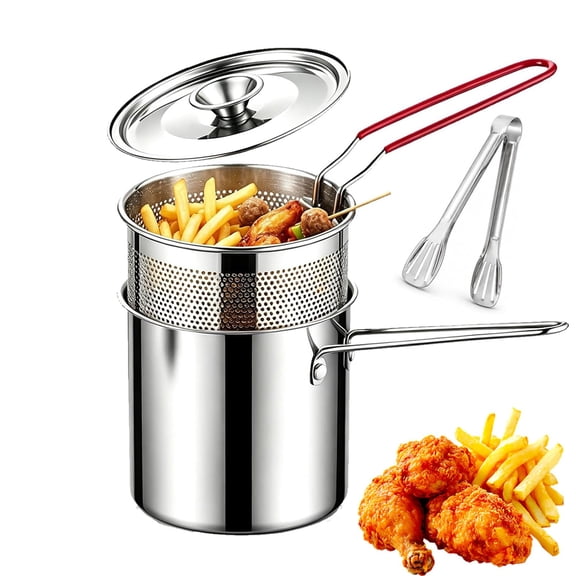 1.2L Personal Mini Deep Fryer Set - Stainless Steel Pot with Lift-Out Draining Basket & Food Tongs, 3pcs Stainless Steel Deep Fryer Set, for Home Kitchen Chips, Chicken Wings (5pcs)
