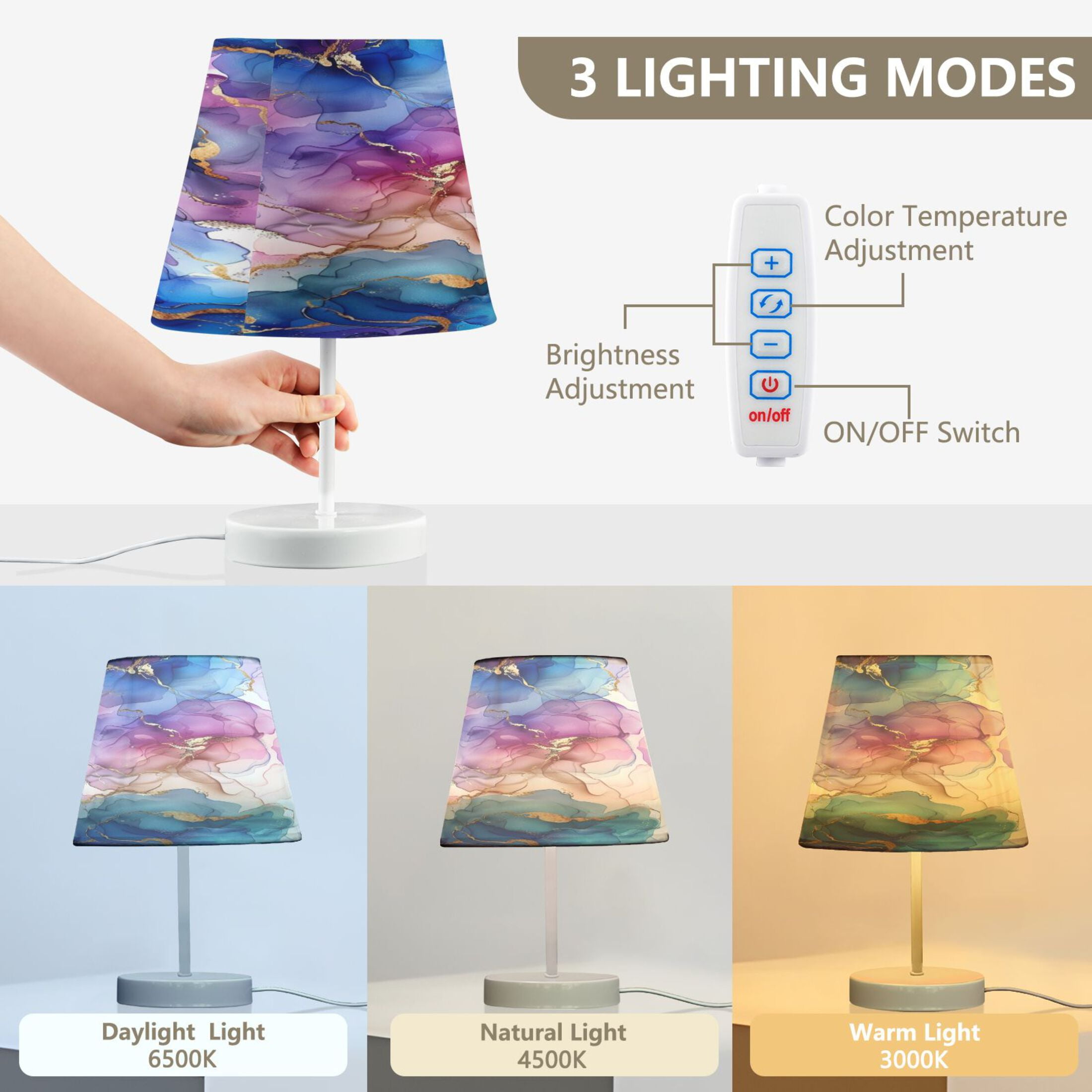 Alcohol Ink Flowers Desk Lamp LED Table Nightstand Lamps with 3 Color Temperatures for Home Bedroom Living Room Decor 8x12
