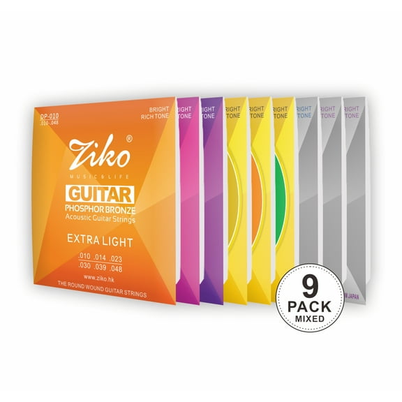 Ziko Acoustic Guitar Strings Hex High-Carbon Steel and Brass 10-48 11-50 12-53 9 Pack Set