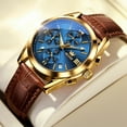thumbnail image 3 of OLEVS Watches for Men Chronograph Leather Gold Plated Analog Quartz Fashion Business Dress Large Face Mens Watches Luminous Waterproof Casual Male Wrist Watch Reloj para Hombre blue/black Dial, 3 of 13