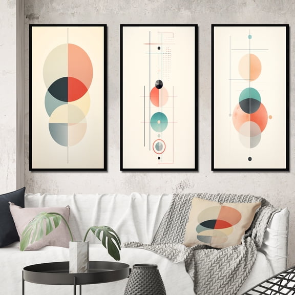 Designart "Balanced Abstract Geometrics in Retro I" Modern Geometric Framed Wall Art Set Of 3 - Blue Abstract Frame Gallery Wall Set For Home Decor
