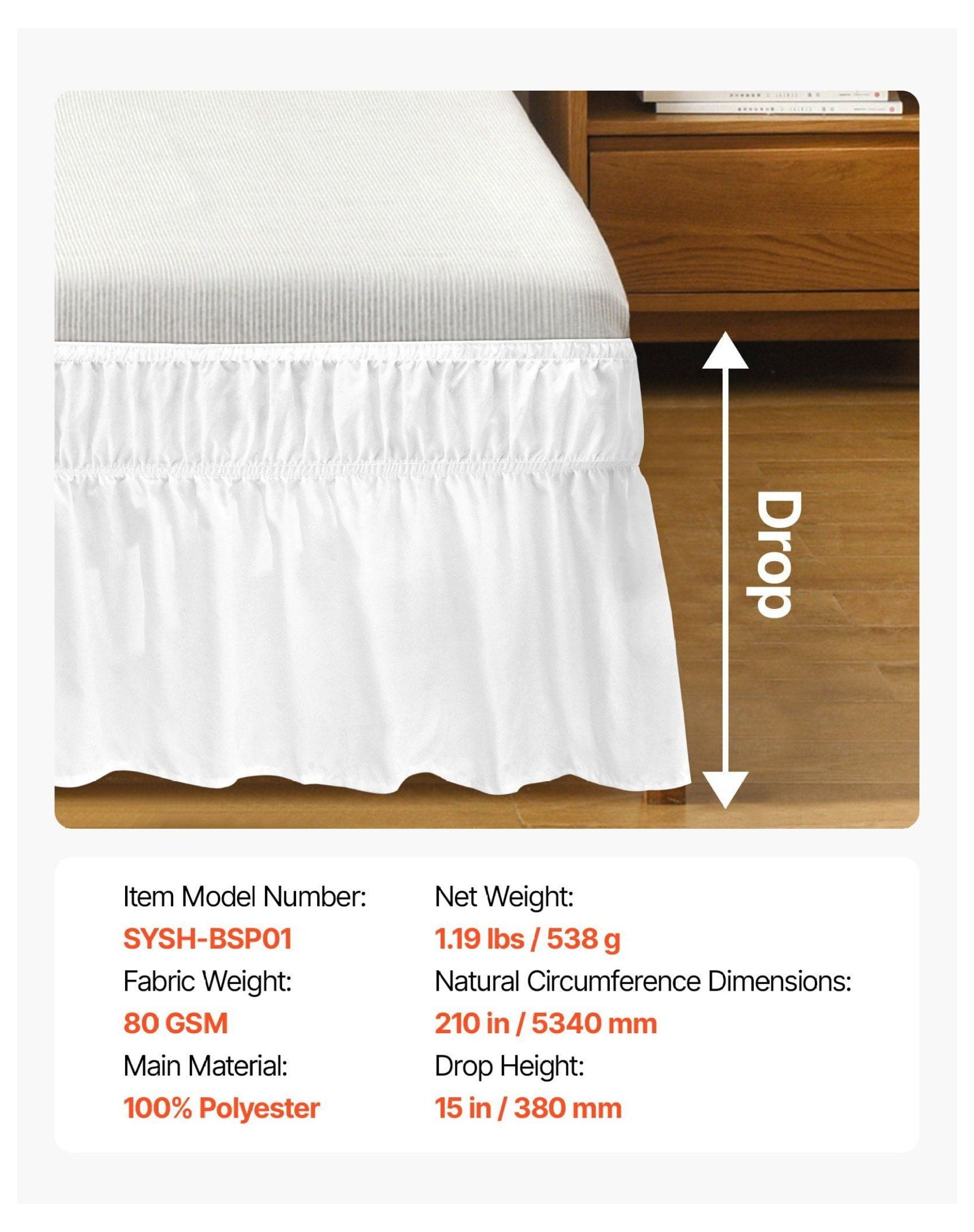 Queen Bed Skirt 15 Inch Drop White, Wrap Around 3 Sides Adjustable, Dust Ruffle with Elastic Strap, Wrinkle Resistant, Machine Washable for Queen Beds