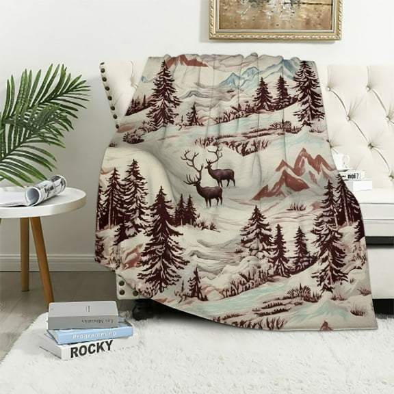 HENGT Indigo Hill by HiEnd Accents | White Pine Sherpa Throw Blanket, Pine Tree Nature Mountain Bear Deer Elk Print, Western Blanket for Camping Outdoor, Cabin Lodge Rustic Sherpa Blanket,