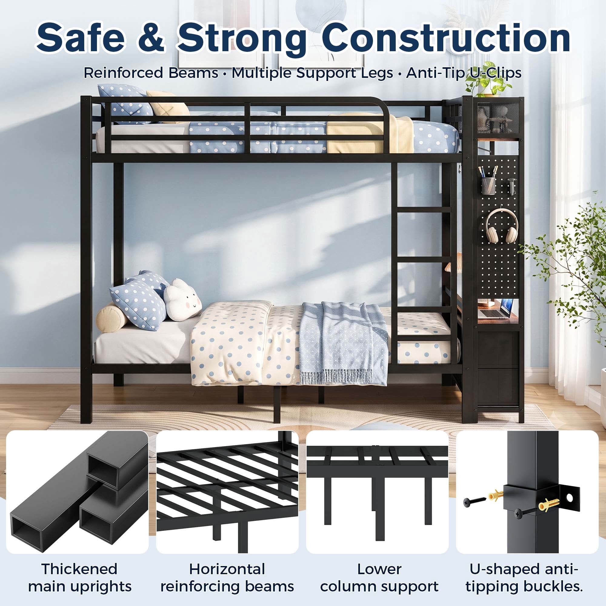 Miniyam Full Over Full Metal Bunk Bed with 6 Storage Drawers, LED Light and Charging Station, Black