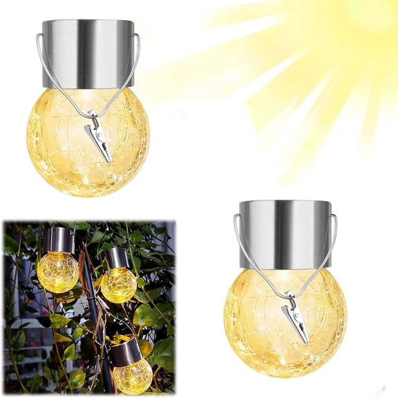 Solar Hanging Lights Outdoor Decor, 2Pack Crackle Glass Ball Solar Hanging Lanterns, LED Patio Solar Lights Outdoor Garden Decor for Yard Pathway Patio Lawn Decoration