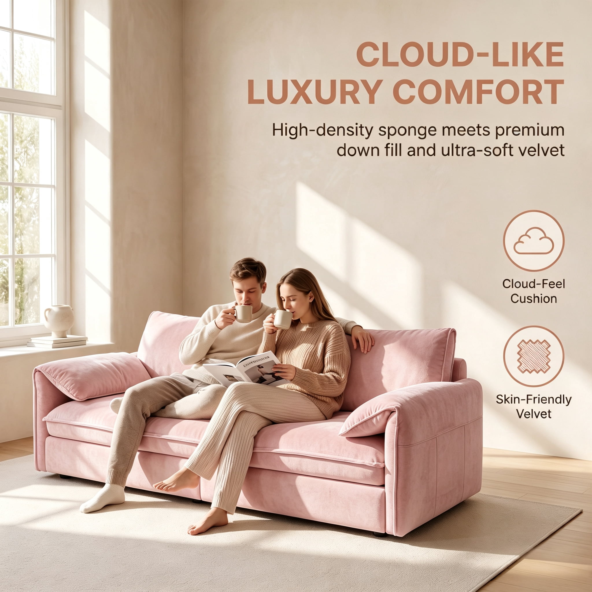 3-in-1 Queen Pull Out Sofa Bed, 66" Velvet Convertible Sleeper Couch with Deep Seat & Storage Pocket, Modern Folding Futon Sofa Bed, Pink