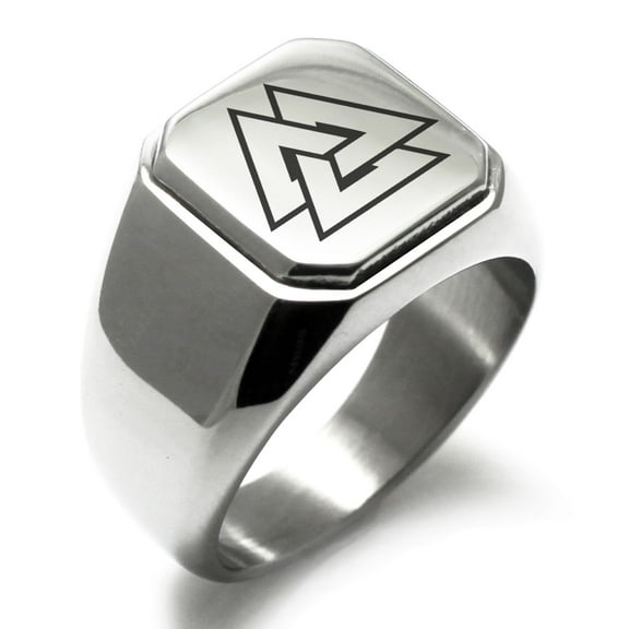 Stainless Steel Norse Valknut Viking Engraved Square Flat Top Biker Style Polished Signet Ring