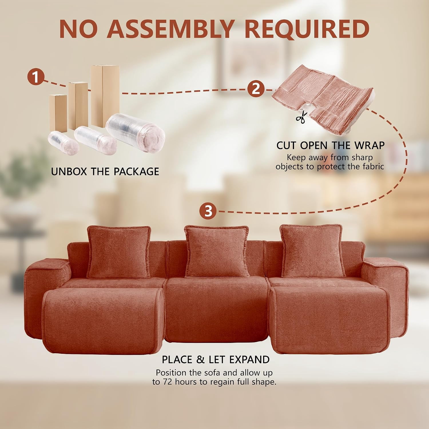 109" 3-Seat Modular U-Shaped Sectional Sofa, Red Velvet with 2 Movable Ottomans & Throw Pillows, No Assembly Required