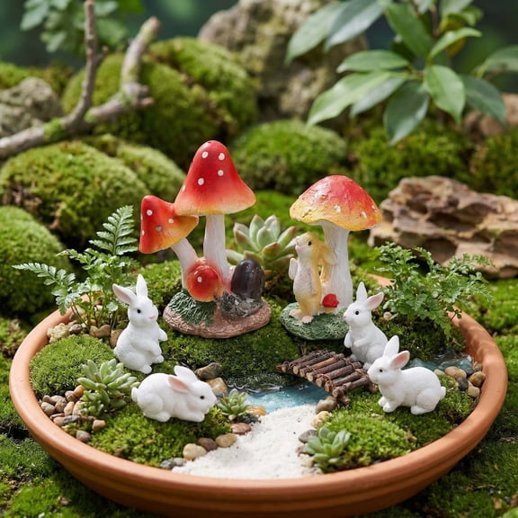 Twfbrm 2 Pcs Mini Mushroom Figurines, 3" Resin Mushroom and Rabbit Statue, Fairy Garden Accessories Realistic Mushroom Models Micro Landscape Ornaments for DIY Crafts, Yard Decorations