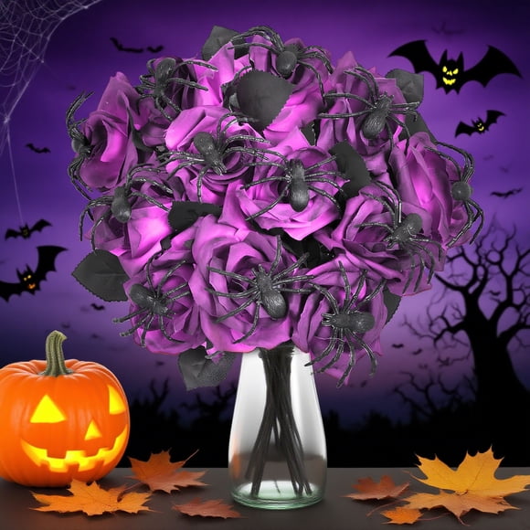 Aursykel Halloween Decorations Spooky Roses with Creepy Crawlers Realistic Style for Haunted Houses and Home Decor 15in Purple