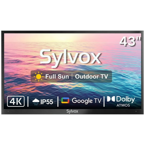 SYLVOX 43" Full Sun Outdoor TV, 4K UHD Smart Outdoor TV Runs Google OS, IP55 Weatherproof TV with 2000Nits Brightness WiFi Bluetooth GoogleCast Voice Remote (Pool Pro 2.0)