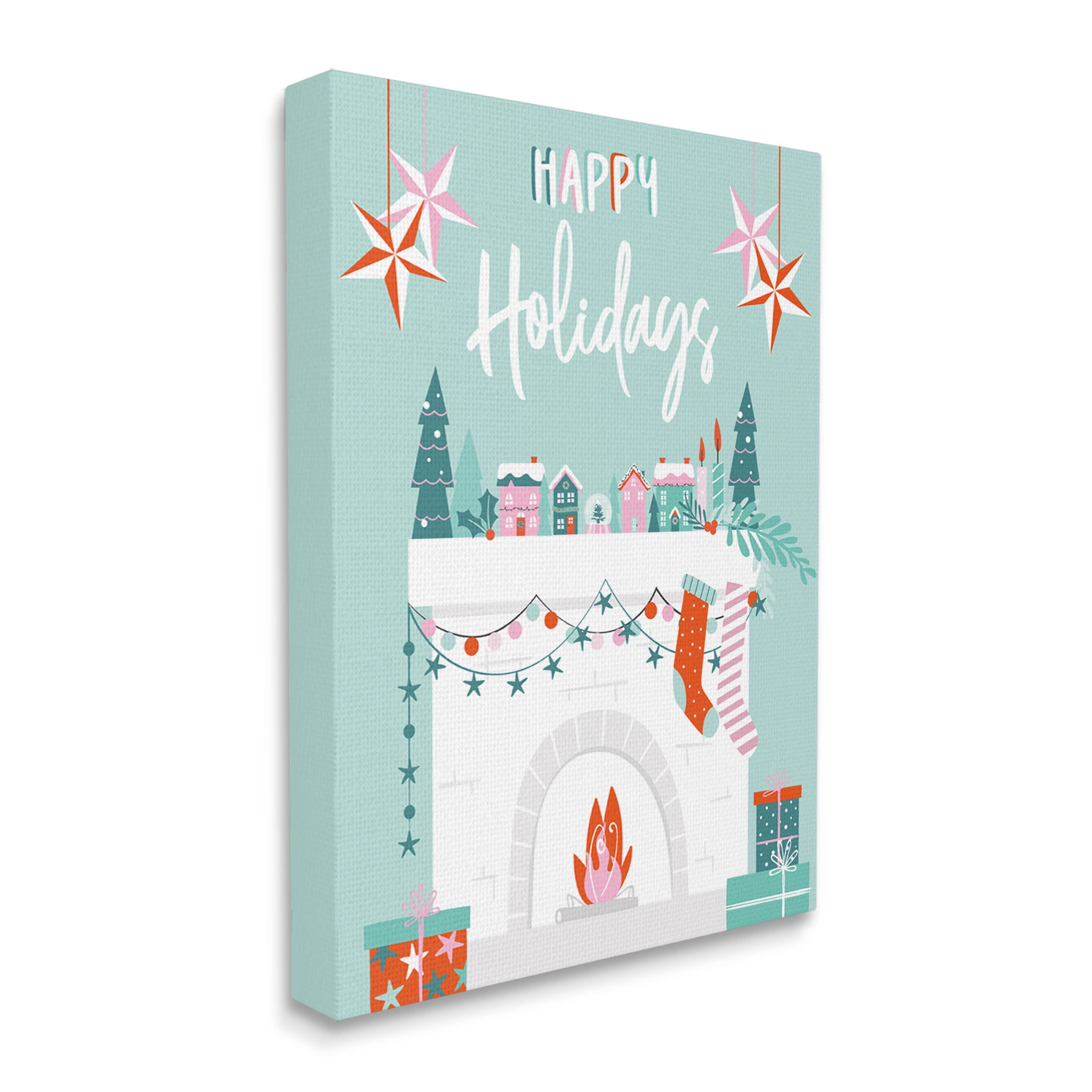 Happy Holidays Festive Mantle Stockings Holiday Graphic Art Gallery Wrapped Canvas Print Wall Art