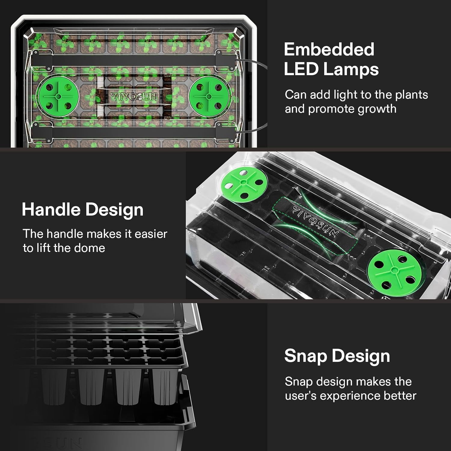 VIVOSUN 6-Pack Seed Starter Trays, 240-Cell Seed Starter Kit with 2 Set of LED Lights, 3.6" Higher Cover, Adjustable Vents,Green Propagation Tray for Planting Seed, 40 Cells x 6 Pack
