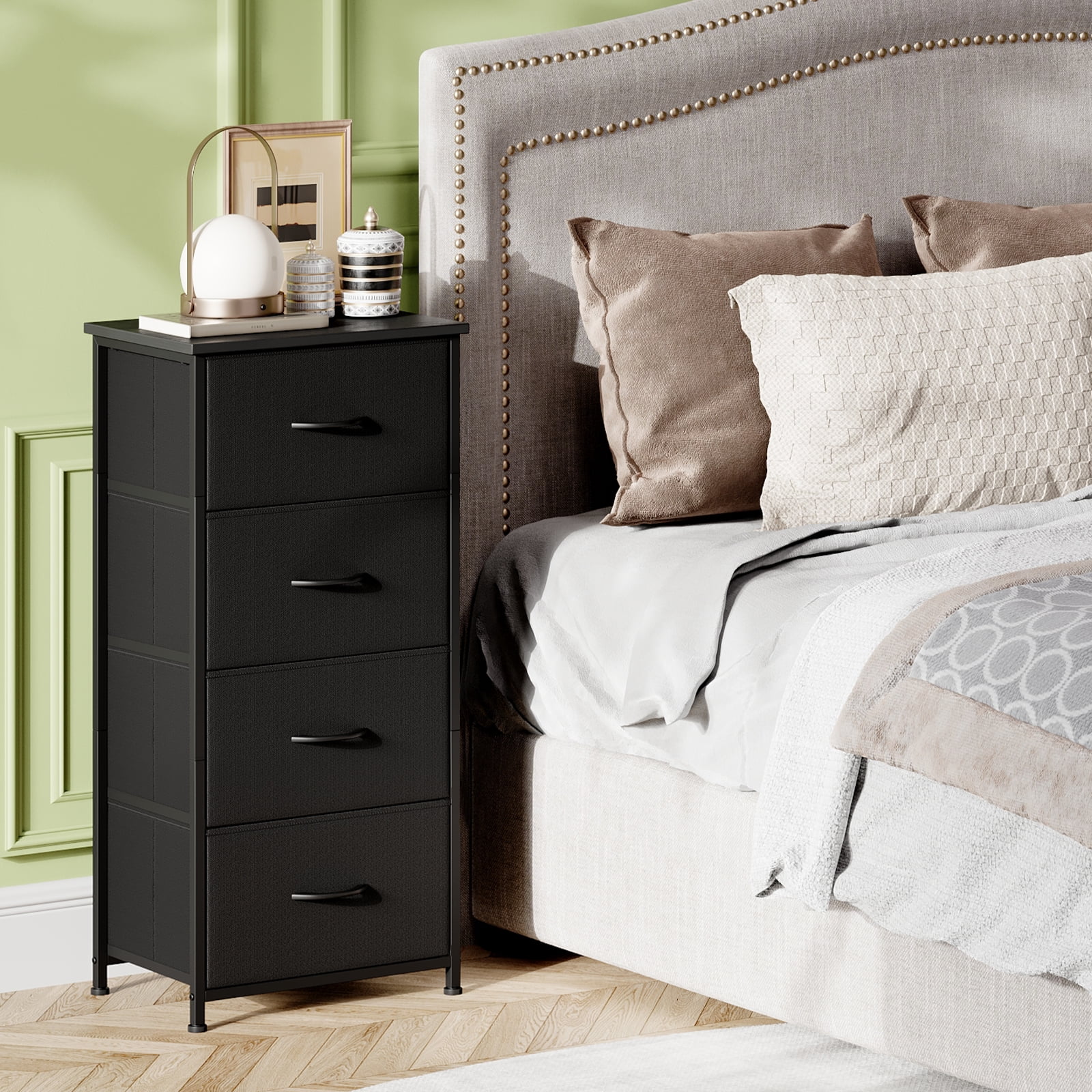 Eunos 4 Drawer Dresser, Chest of Drawers Fabric Vertical Tall Nightstand for Bedroom, Black