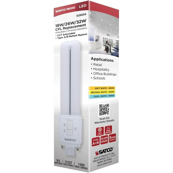 Satco S29854 LED PL Light Bulb 9.5W 120-277V CCT Select 3000/3500/4000K G24q 4-Pin Base Dimmable (1 Pack)