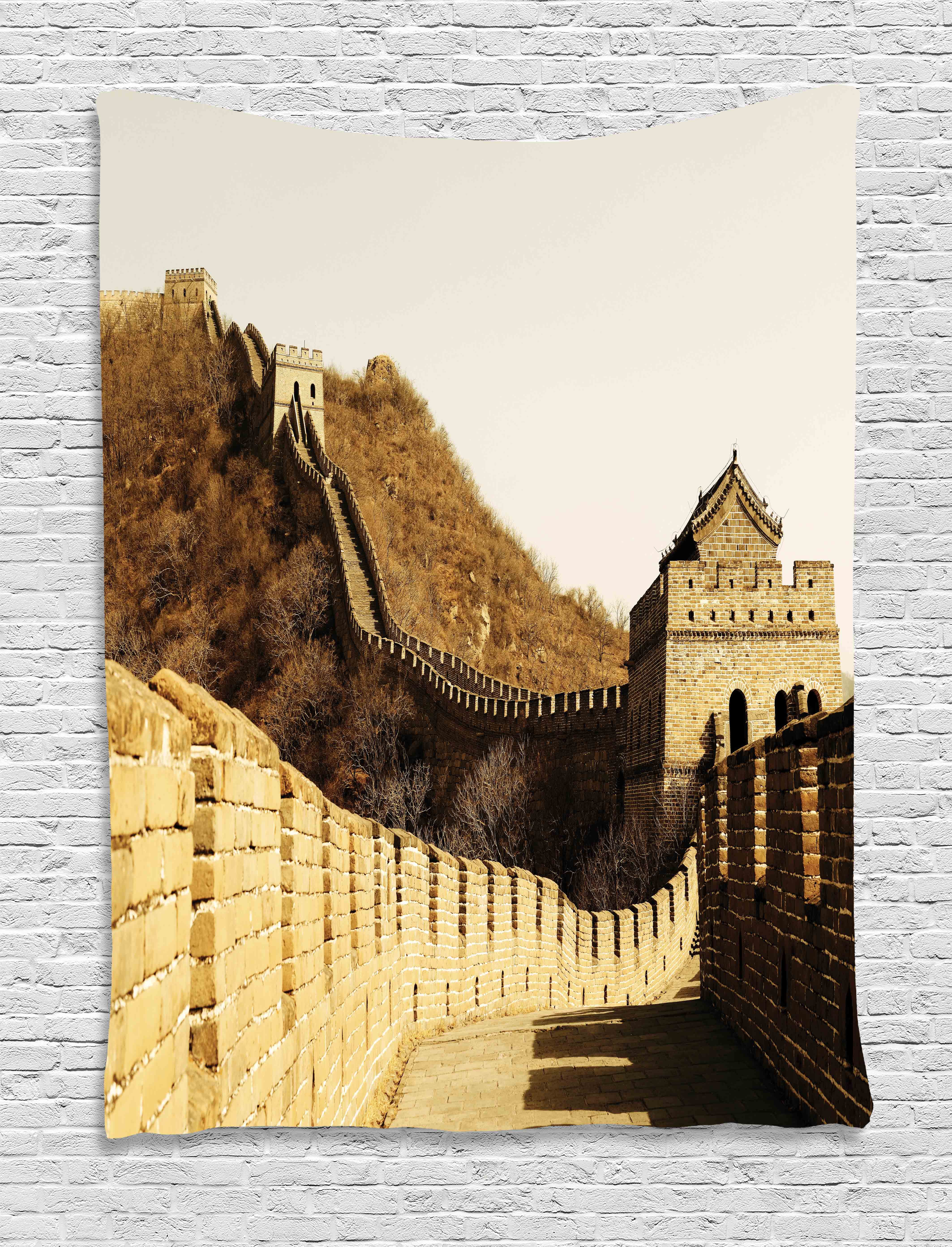 Great Wall of China Tapestry, Ancient Stone Borders on Mountains Famous Historical Monument 