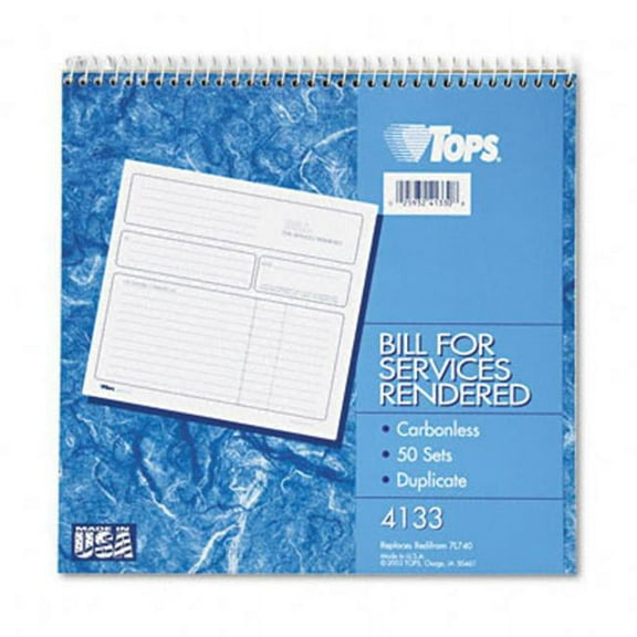 Tops 4133 Invoice Bill for Services 8-1/2 x 7-3/4 Carbonless Duplicate 50-Set Book