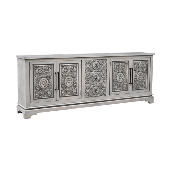 Taran Designs Isabella 3-drawer 4-door Carved Solid Wood Sideboard in Gray