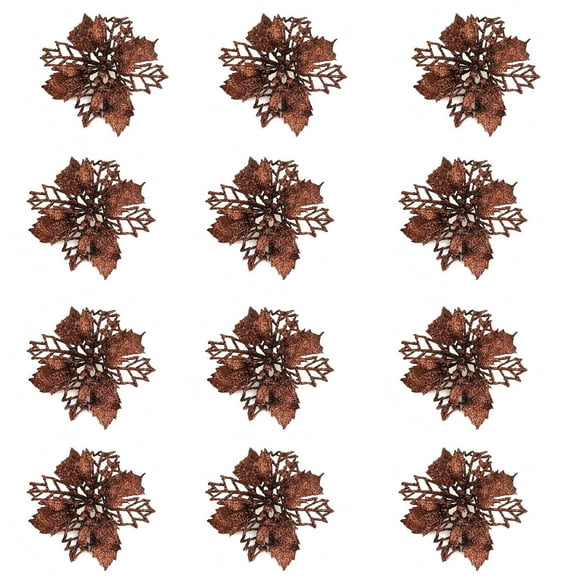 BOPORO 12Pcs 15cm/5.9" Christmas Flowers with Clips Glitter Christmas Tree Ornaments for Xmas Wedding Party Wreath Decoration